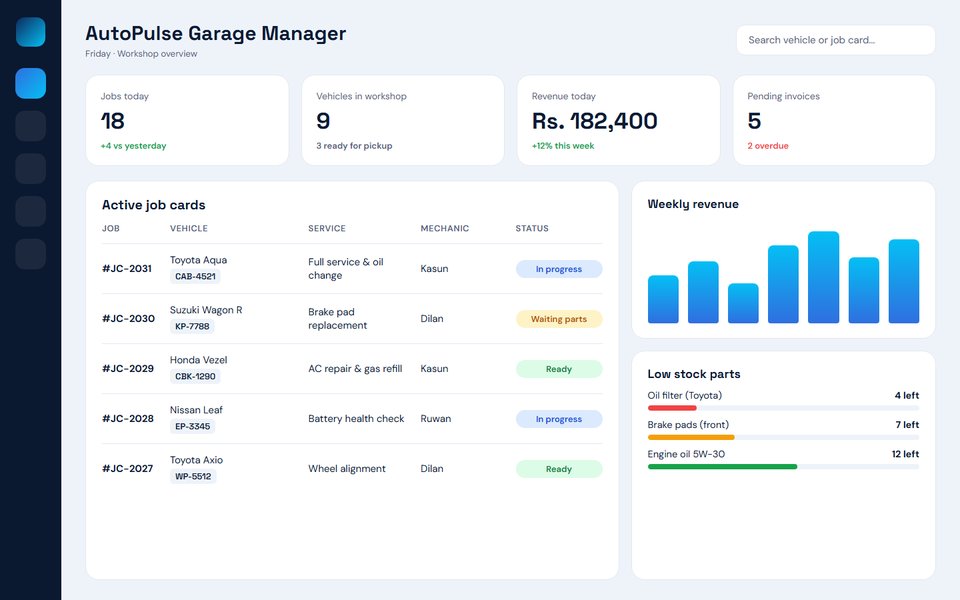 Screenshot of the AutoPulse garage management sample web app