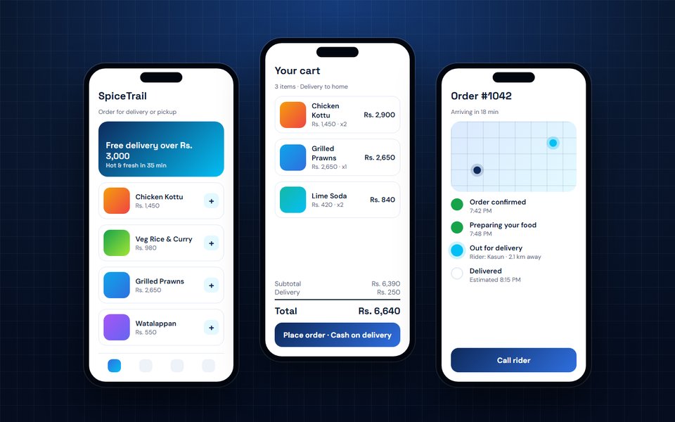 Screenshots of the SpiceTrail ordering sample mobile app
